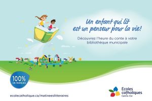 French language storytime poster. Stylized text states 