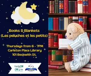 Picture of a teddy bear in pyjamas reading a book. The graphic includes Information about the Books and Blankets Storytime, which is provided below.